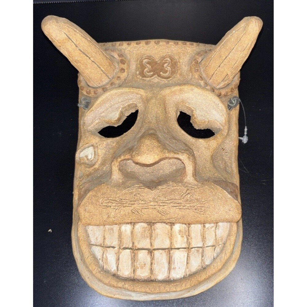 Vintage Ceramic Face Mask Wall Sculpture Folk Art Eclectic Boho Decor
